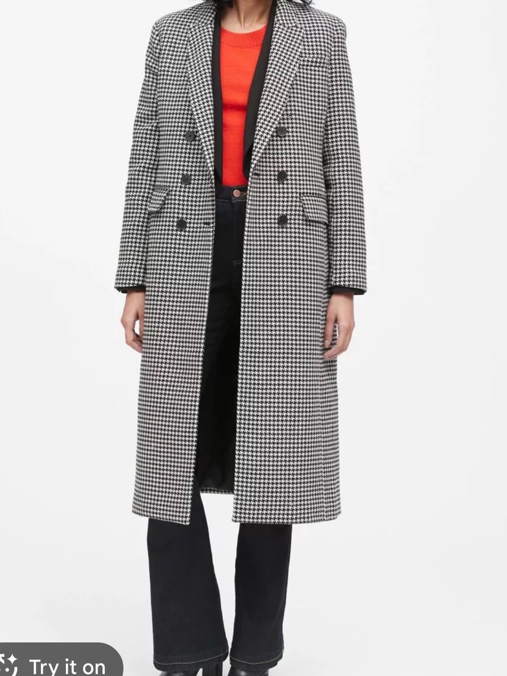 New! Banana Republic Houndstooth Double-Breasted Long Car Coat - Black & White